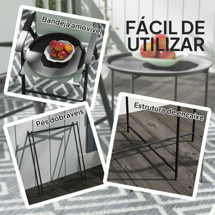 Mesa Auxiliar Redonda Mesa de Jardim com Bandeja Amovível Pés Dobráveis Mesa para Exterior Pátio Ø46x50 cm Preto