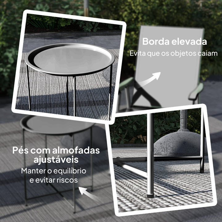 Mesa Auxiliar Redonda Mesa de Jardim com Bandeja Amovível Pés Dobráveis Mesa para Exterior Pátio Ø46x50 cm Preto