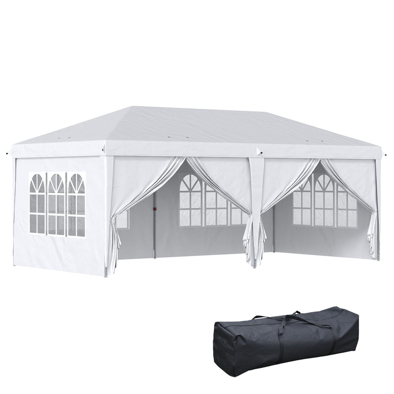 Tenda para Festas 585x295x270 cm com Paredes Laterais Amovíveis Tenda Dobrável com 2 Portas com Fecho de Correr 4 Janelas e Bolsa de Transporte Branco