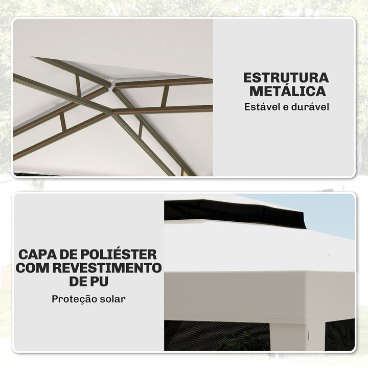Pérgola de Jardim 297x297cm Pérgola com 4 Mosquiteiras Teto Duplo 8 Orifícios de Drenagem e Estrutura de Metal para Pátio Exterior Creme