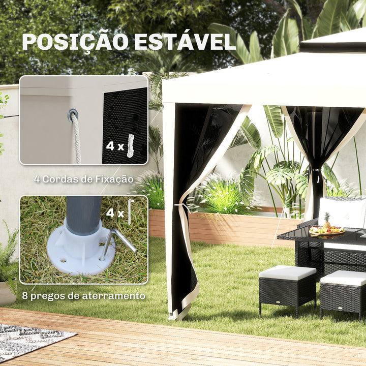 Pérgola de Jardim 297x297cm Pérgola com 4 Mosquiteiras Teto Duplo 8 Orifícios de Drenagem e Estrutura de Metal para Pátio Exterior Creme