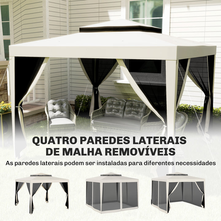 Pérgola de Jardim 297x297cm Pérgola com 4 Mosquiteiras Teto Duplo 8 Orifícios de Drenagem e Estrutura de Metal para Pátio Exterior Creme