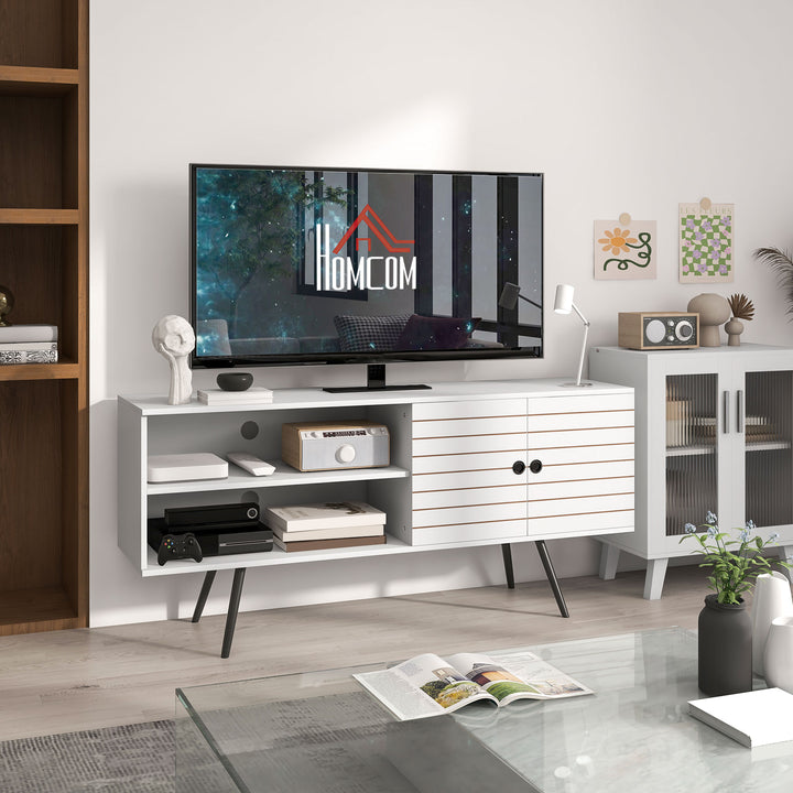 Móvel de TV para Televisores de até 65 Polegadas Móvel de TV para Sala com 2 Prateleiras Abertas 1 Armário com Portas e Orifícios para Cabos 145x38x65 cm Estilo Moderno Branco