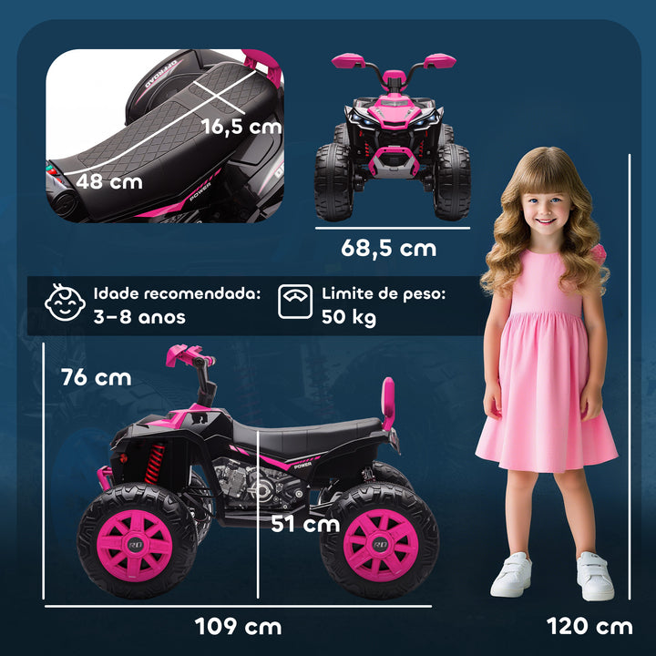 Quadricilo Elétrico para Crianças 24V para 3-8 Anos com 2 Lugares 2 Motores Velocidade até 6,5 km/h Rodas com Suspensão Faróis Buzina Música e USB 109x68,5x76 cm Rosa