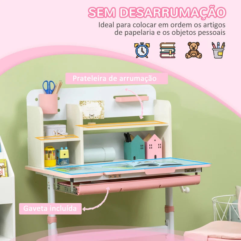 Conjunto de Secretária e Cadeira para Crianças acima de 3 Anos com Altura Ajustável Gaveta Prateleiras e Bancada Inclinável 80x52x88-109 cm Rosa e Branco