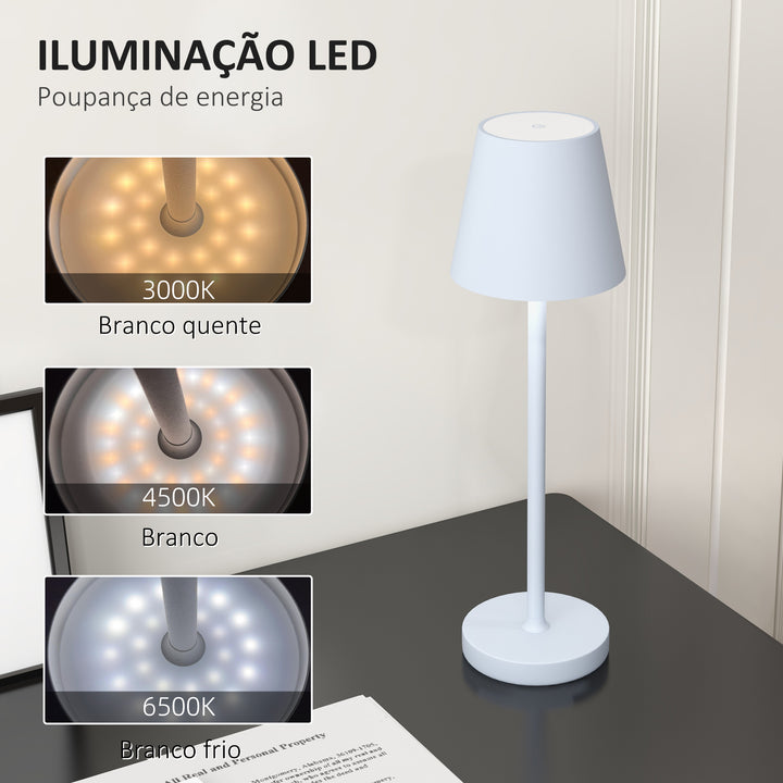 Candeeiro de Mesa com Luzes LED Candeeiro de Mesa Sem Fios Recarregável por USB-C 3 Cores Ecrã de Acrílico para Quarto Sala Ø11,2x36,5 cm Branco