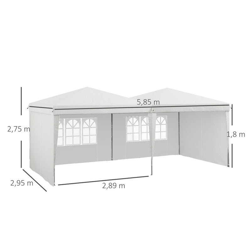 Tenda Dobrável 585x295 cm com Paredes Laterais Tenda para Festas com Altura Ajustável Bolsa de Transporte Rodas e 5 Sacos de Areia para Exterior Jardim Pátio Branco