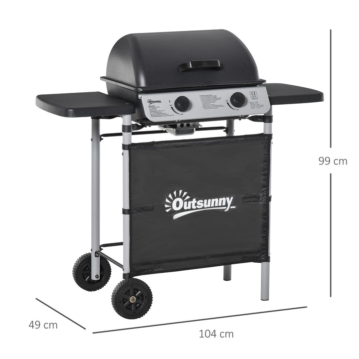 Barbecue a Gás com 2 Queimadores 2,8 KW Barbecue a Gás com 2 Rodas 2 Mesas Laterais e Grelhas de Aço para Piquenique Campismo 104x49x99 cm Preto