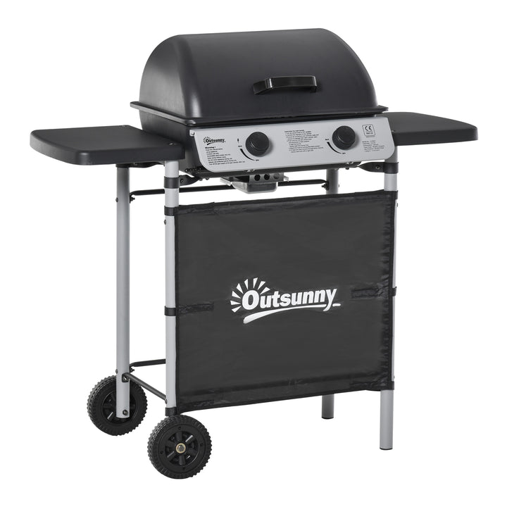 Barbecue a Gás com 2 Queimadores 2,8 KW Barbecue a Gás com 2 Rodas 2 Mesas Laterais e Grelhas de Aço para Piquenique Campismo 104x49x99 cm Preto