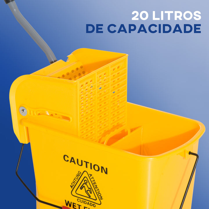 Balde de esfrega profissional 20L com rodas e prensa Balde de esfrega industrial Amarelo 63x27x67cm