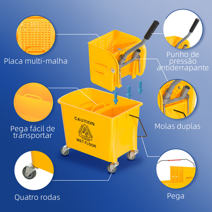 Balde de esfrega profissional 20L com rodas e prensa Balde de esfrega industrial Amarelo 63x27x67cm
