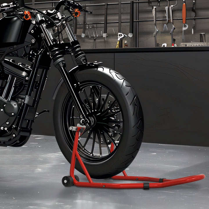 Suporte de Moto Dianteiro Universal de Aço para Roda de 10" 17" 18" Carga 200 kg com Garfos em U e L Ajustáveis Rodas e Almofadas Antiderrapantes para Reparação em Garagem 70x47x34,5 cm Vermelho