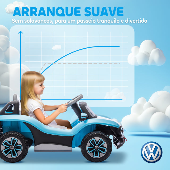 Carro Elétrico para Crianças acima de 3 Anos Volkswagen E-Buggy Bateria 12V com Controlo Remoto 2,4 G Rodas com Suspensão Faróis LED Música USB e Motor Duplo 98x56,5x47 cm Azul
