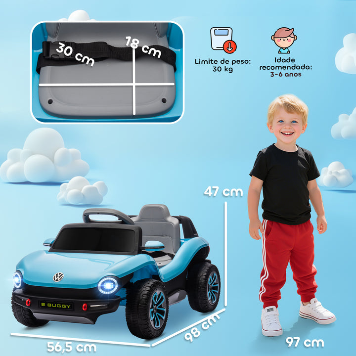 Carro Elétrico para Crianças acima de 3 Anos Volkswagen E-Buggy Bateria 12V com Controlo Remoto 2,4 G Rodas com Suspensão Faróis LED Música USB e Motor Duplo 98x56,5x47 cm Azul