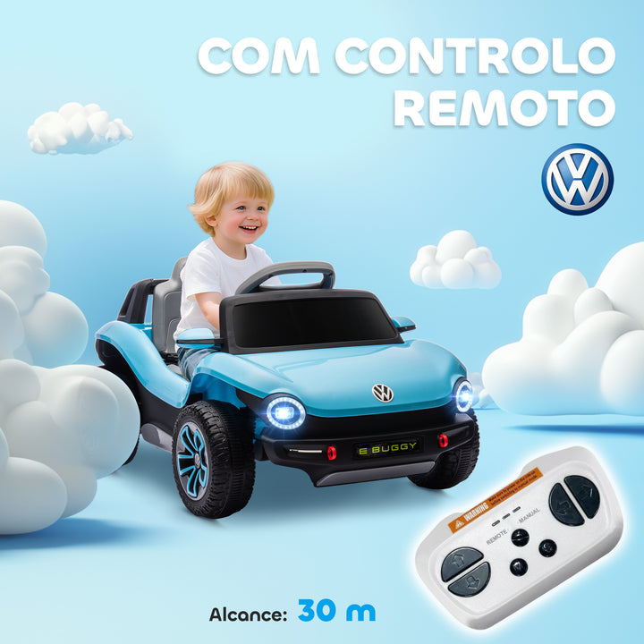 Carro Elétrico para Crianças acima de 3 Anos Volkswagen E-Buggy Bateria 12V com Controlo Remoto 2,4 G Rodas com Suspensão Faróis LED Música USB e Motor Duplo 98x56,5x47 cm Azul