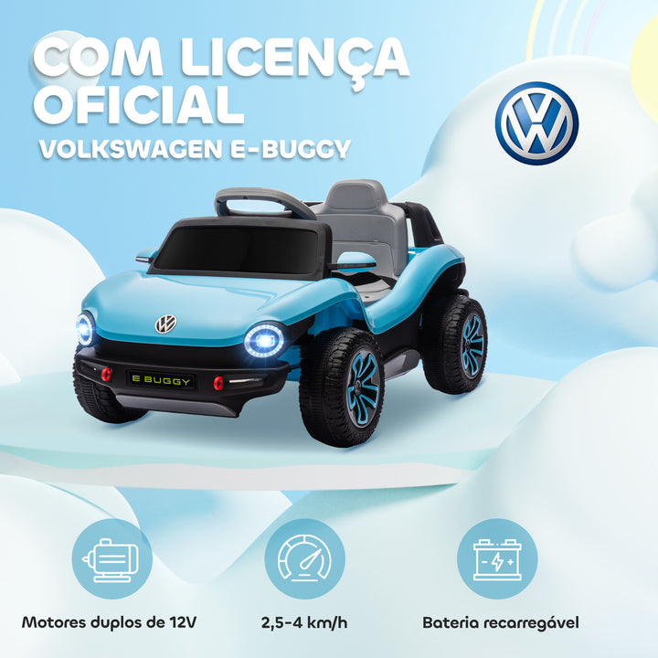 Carro Elétrico para Crianças acima de 3 Anos Volkswagen E-Buggy Bateria 12V com Controlo Remoto 2,4 G Rodas com Suspensão Faróis LED Música USB e Motor Duplo 98x56,5x47 cm Azul