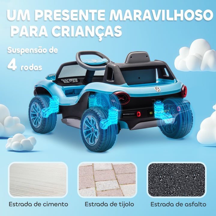 Carro Elétrico para Crianças acima de 3 Anos Volkswagen E-Buggy Bateria 12V com Controlo Remoto 2,4 G Rodas com Suspensão Faróis LED Música USB e Motor Duplo 98x56,5x47 cm Azul