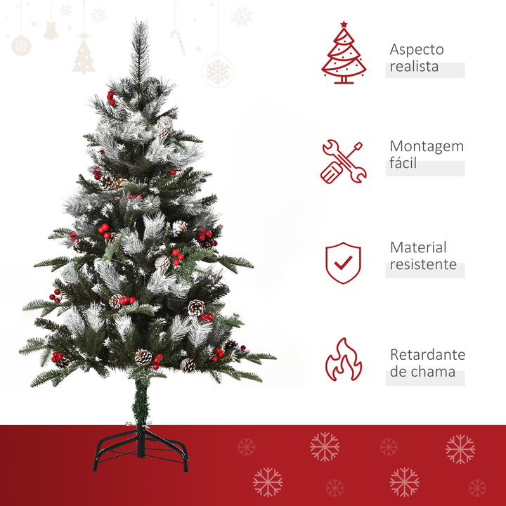 Árvore de Natal Artificial 120cm com 239 Ramas 27 Pinhas e 27 Frutinhas Folhas de PVC PE Base Dobrável e Suporte Metálico Decoração de Natal para Interiores Verde