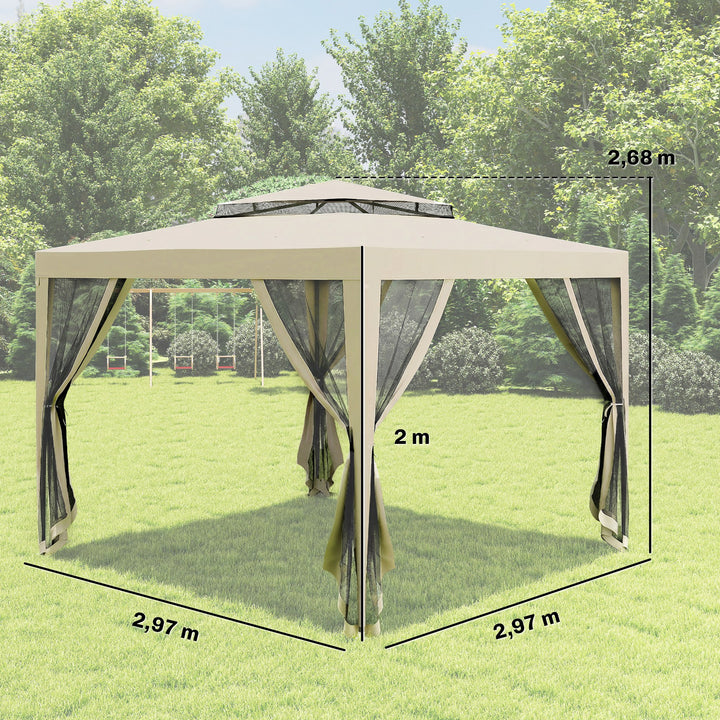Pérgola de Jardim 297x297x268 cm Pérgola com 4 Redes Mosquiteiras Laterais com Fecho de Correr Teto de Ventilação e 8 Orifícios de Drenagem Pérgola para Terraço Pátio Exterior Bege