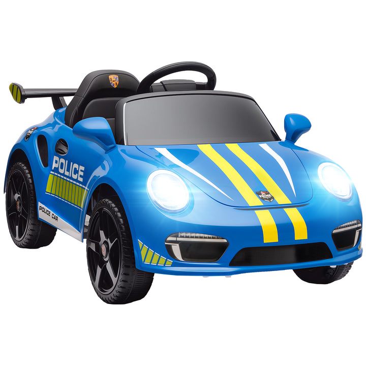 Carro Elétrico para Crianças de Polícia Carro a Bateria 12V com Controlo Remoto 2,4 G Motor Duplo Sirene Música Sem Fios Buzina Rodas Auxiliares e Faróis LED 105x58x49 cm Azul