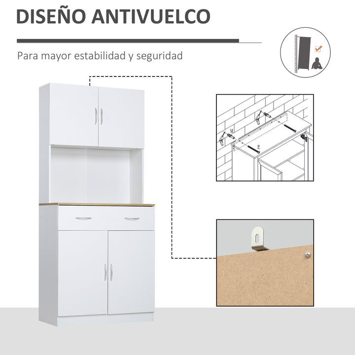 Armário de Cozinha com Gaveta 4 Portas e Prateleiras Interiores Ajustável em Altura Móvel Auxiliar de Armazenamento Moderno para Sala de Jantar Sala de Estar 80x40x180cm Branco
