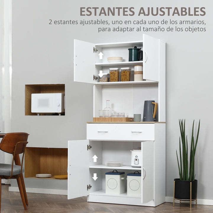 Armário de Cozinha com Gaveta 4 Portas e Prateleiras Interiores Ajustável em Altura Móvel Auxiliar de Armazenamento Moderno para Sala de Jantar Sala de Estar 80x40x180cm Branco