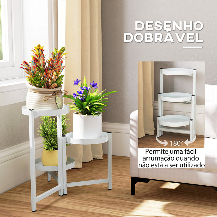 Suporte para Plantas Dobrável de 3 Níveis Suporte para Plantas de Metal com 3 Prateleiras Redondas Suporte para Vasos de Plantas para Interior e Exterior 40x40x42 cm Branco