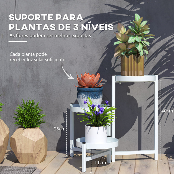 Suporte para Plantas Dobrável de 3 Níveis Suporte para Plantas de Metal com 3 Prateleiras Redondas Suporte para Vasos de Plantas para Interior e Exterior 40x40x42 cm Branco