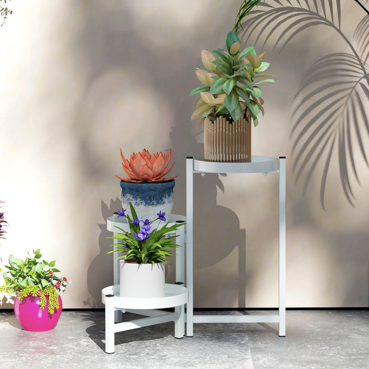 Suporte para Plantas Dobrável de 3 Níveis Suporte para Plantas de Metal com 3 Prateleiras Redondas Suporte para Vasos de Plantas para Interior e Exterior 40x40x42 cm Branco