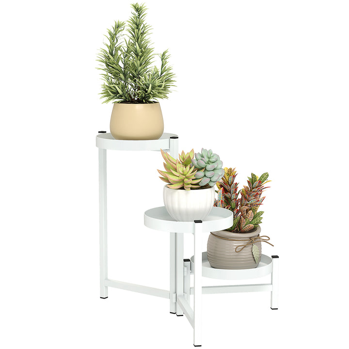 Suporte para Plantas Dobrável de 3 Níveis Suporte para Plantas de Metal com 3 Prateleiras Redondas Suporte para Vasos de Plantas para Interior e Exterior 40x40x42 cm Branco