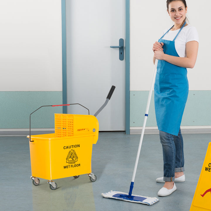 Balde de esfrega profissional 20L com rodas e prensa Balde de esfrega industrial Amarelo 63x27x67cm