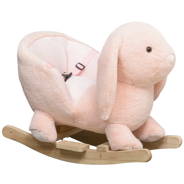 Baloiço Infantil com Forma de Coelho de Pelúcia Baloiço para Bebés 18-36 Meses com Som Cinto de Segurança Guidão e Apoio para os Pés 60x33x50cm Rosa