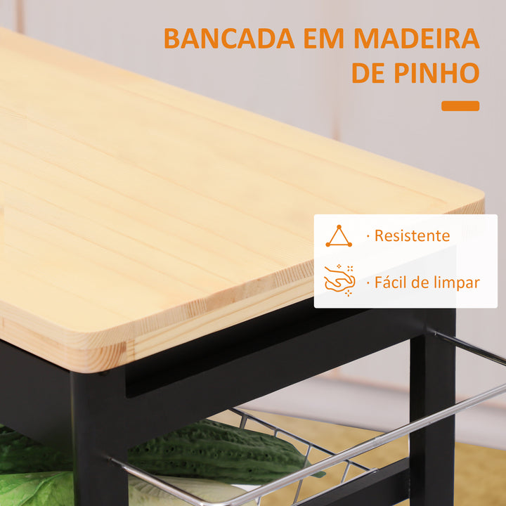 Carrinho de Cozinha com Rodinhas com Prateleira e Gaveta 74x37x76cm Preto