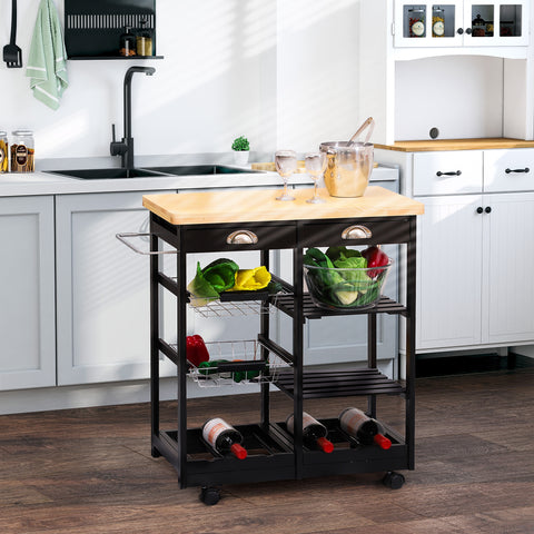 Carrinho de Cozinha com Rodinhas com Prateleira e Gaveta 74x37x76cm Preto