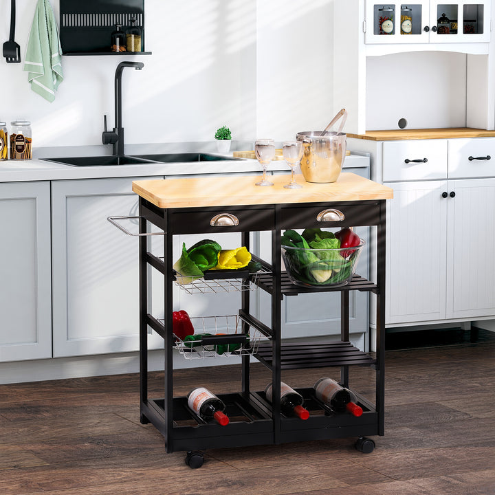 Carrinho de Cozinha com Rodinhas com Prateleira e Gaveta 74x37x76cm Preto