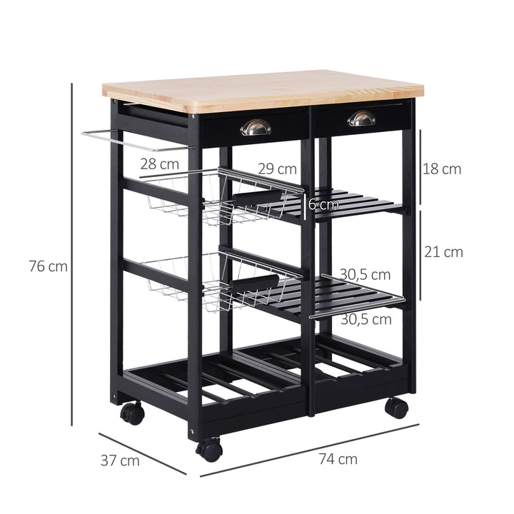 Carrinho de Cozinha com Rodinhas com Prateleira e Gaveta 74x37x76cm Preto