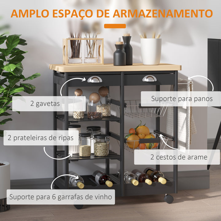Carrinho de Cozinha com Rodinhas com Prateleira e Gaveta 74x37x76cm Preto