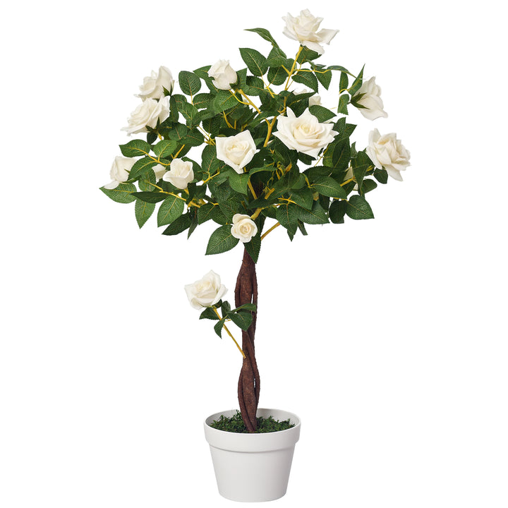Planta artificial de 90 cm Rosa branca realista com 21 flores e 350 folhas Pote de cimento incluído para interior e exterior