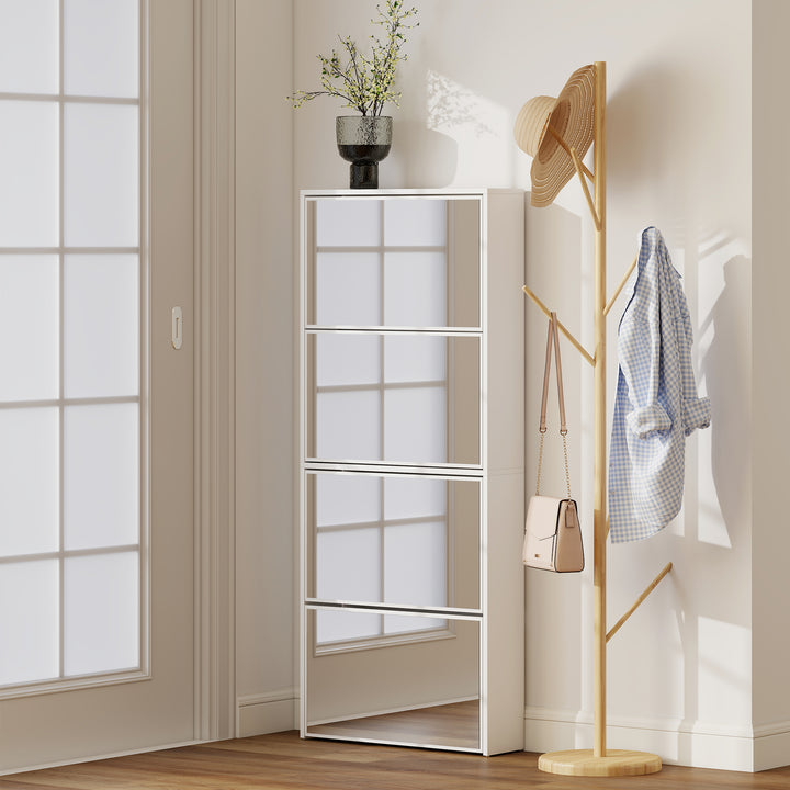Sapateira Estreita com Espelho 4 Portas Abatíveis Sapateira para Entrada Corredor para 12 Pares de Sapatos Para Corredor Espaços Reduzidos 63x17x146 cm Branco