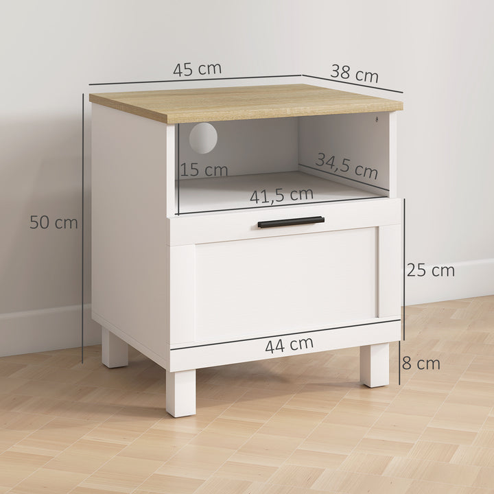 Conjunto de 2 Mesas de Cabeceira Modernas Mesas de Cabeceira com Gaveta Compartimento Aberto Pés de Madeira Mesa Auxiliar para Sala Dormitório 45x38x50 cm Branco