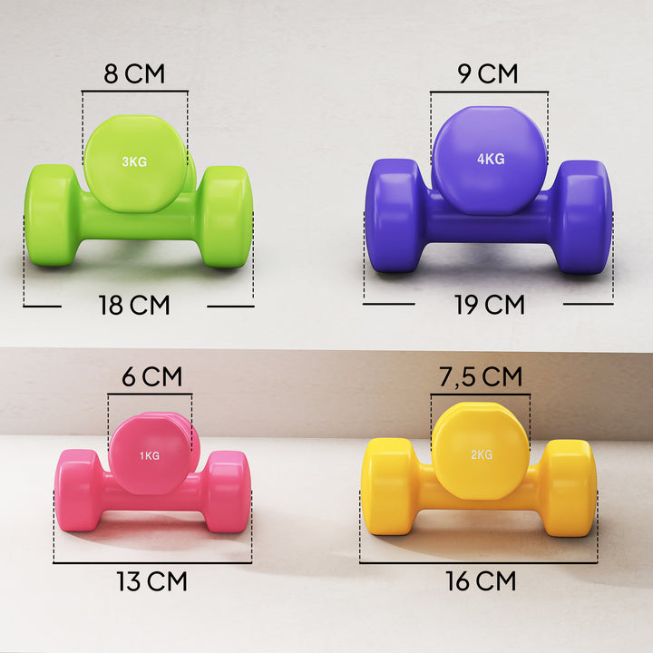 Jogo de 8 Halteres Hexagonais 4 Pares 4kg 3kg 2kg 1kg com Revestimento Pesos para Exercícios em Casa Academia Aço Multicolor