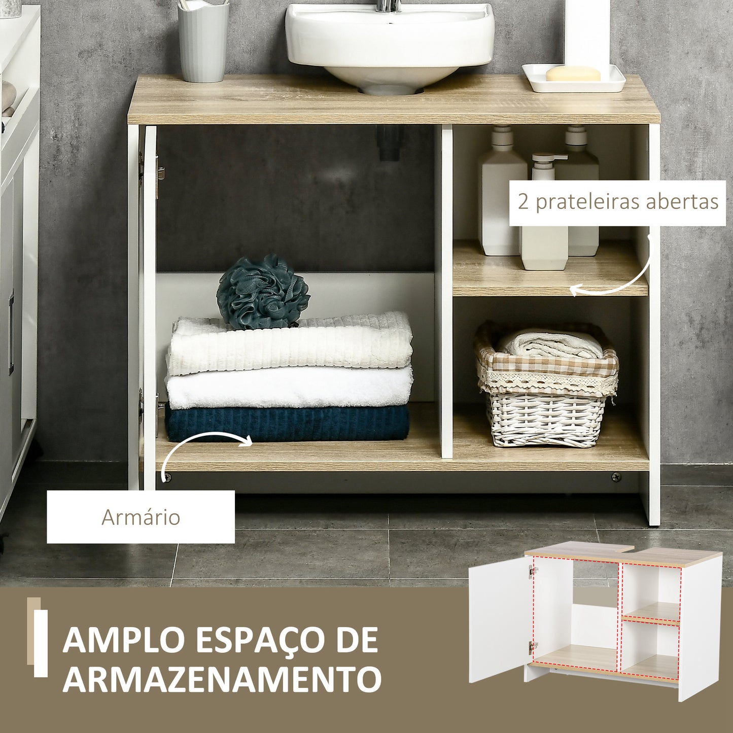 Móvel para Lavatório Pousar Móvel Casa de Banho Moderno com Prateleiras Abertas e Armário 77x45x60 cm Branco e Madeira