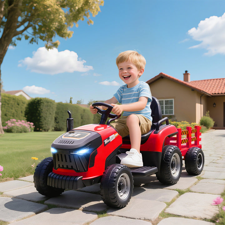 Trator Elétrico para Crianças com Reboque Desmontável Bateria 12V Velocidade 3-5 km/h Controle Remoto 2,4G Música Buzina para Crianças de 3-8 Anos 139x58x55 cm Vermelho