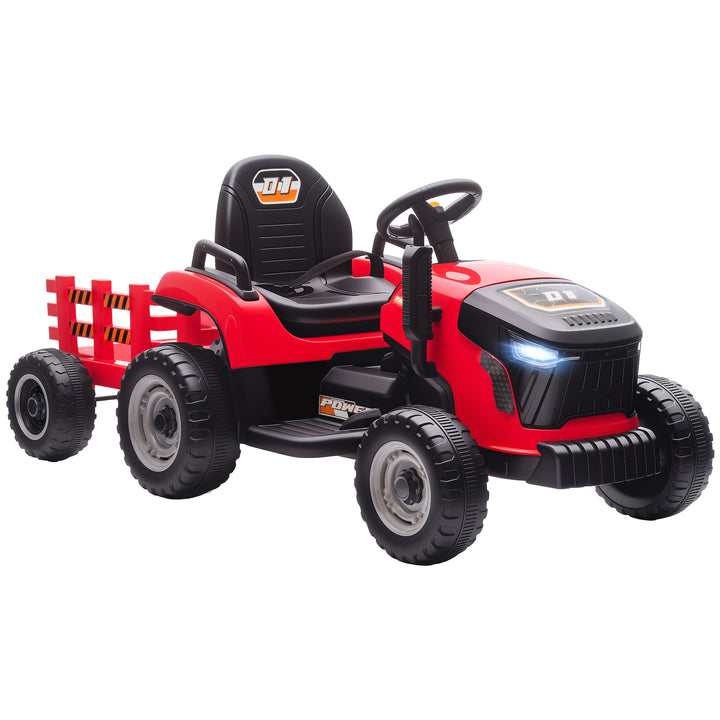 Trator Elétrico para Crianças com Reboque Desmontável Bateria 12V Velocidade 3-5 km/h Controle Remoto 2,4G Música Buzina para Crianças de 3-8 Anos 139x58x55 cm Vermelho