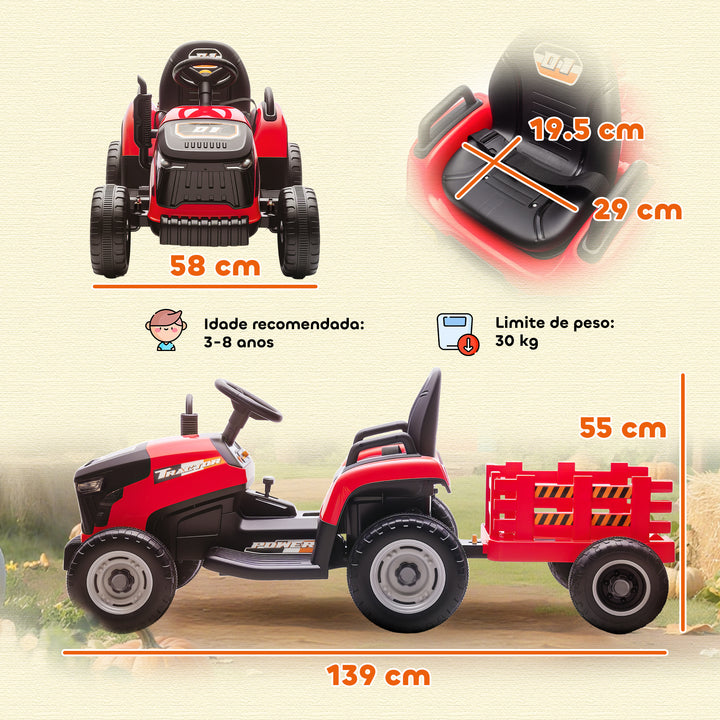 Trator Elétrico para Crianças com Reboque Desmontável Bateria 12V Velocidade 3-5 km/h Controle Remoto 2,4G Música Buzina para Crianças de 3-8 Anos 139x58x55 cm Vermelho