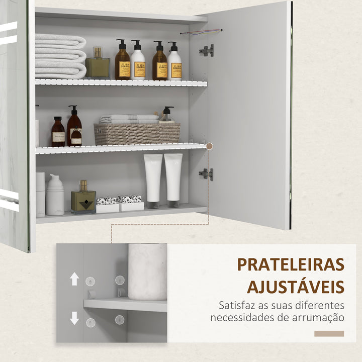 Armário Casa de Banho com Espelho e Luz LED Móvel Casa de Banho de Parede com 2 Portas Prateleiras Ajustáveis Interruptor Tátil e Cor da Luz Ajustável 80x15x65 cm Branco Brilhante