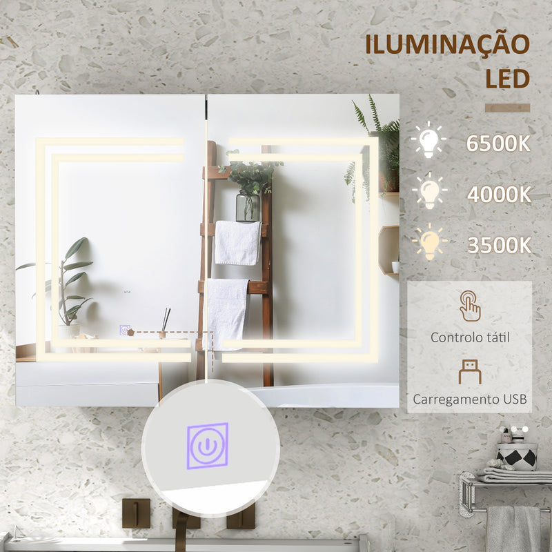 Armário Casa de Banho com Espelho e Luz LED Móvel Casa de Banho de Parede com 2 Portas Prateleiras Ajustáveis Interruptor Tátil e Cor da Luz Ajustável 80x15x65 cm Branco Brilhante