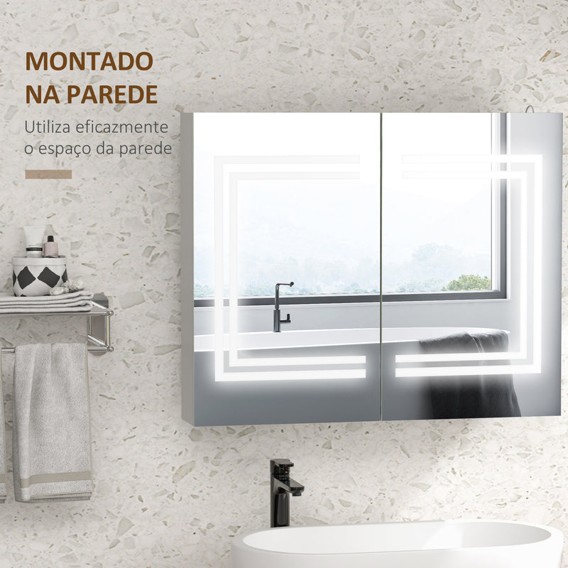 Armário Casa de Banho com Espelho e Luz LED Móvel Casa de Banho de Parede com 2 Portas Prateleiras Ajustáveis Interruptor Tátil e Cor da Luz Ajustável 80x15x65 cm Branco Brilhante