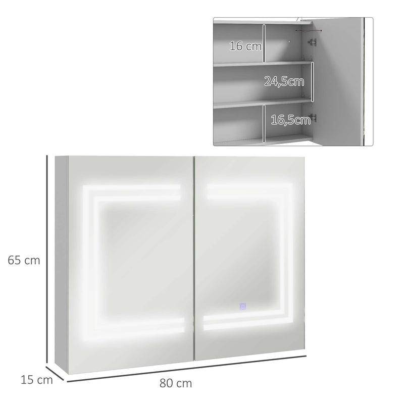 Armário Casa de Banho com Espelho e Luz LED Móvel Casa de Banho de Parede com 2 Portas Prateleiras Ajustáveis Interruptor Tátil e Cor da Luz Ajustável 80x15x65 cm Branco Brilhante