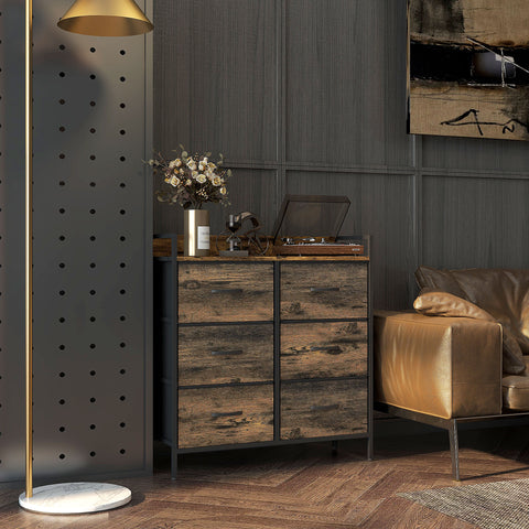 Cómoda com 6 Gavetas Dobráveis Cómoda de Tecido com Estrutura de Aço Estilo Industrial Cómoda para Quarto Corredor 79x29x85 cm Castanho Rústico